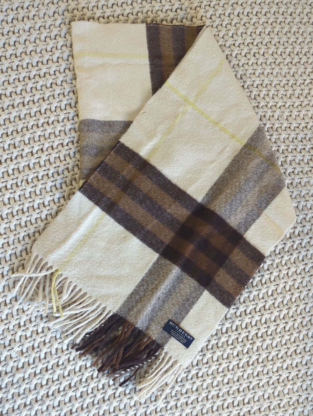 Burberry London 100% Cashmere Nova Check Scarf In Cream And Brown With Yellow
